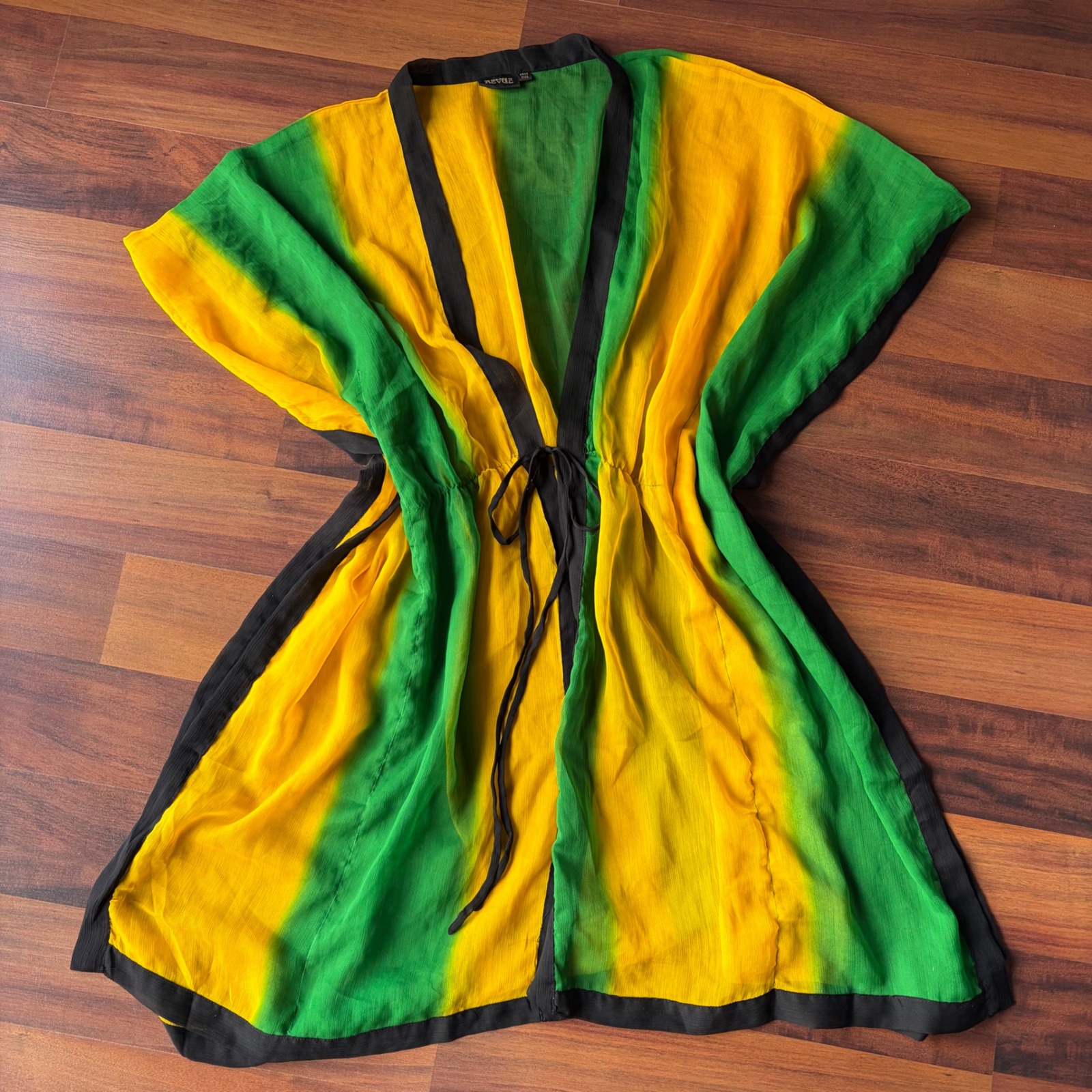 Revue Green Yellow Striped Sheer Kaftan Festival Vacation Beach Cover Up Osfm